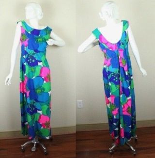 Vintage The Ritz Hawaiian Dress Gown Maxi 60s 70s Floral Psychedelic S M Aloha