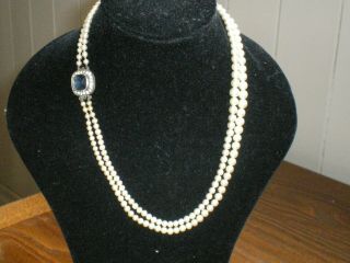 Vintage Art Deco Sterling Silver Sapphire Paste 2 Strand Pearl Necklace Beauty