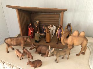 Large Vintage Schweizer Heimatwerk Carved Wood Nativity Set Scene W/ 17 Figures