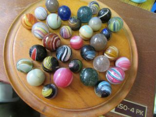 Antique - 33 Early German Marbles & Wood Game Board (all).