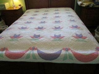 Vintage Handmade Quilt 84 X 92 Basket Floral W/swagged Edges Made In 1980 