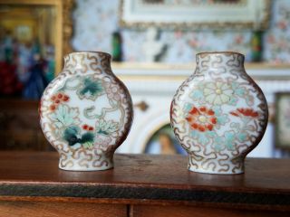 Antique Dollhouse Miniature Porcelain Set Of 2 Asian Vases 1:12