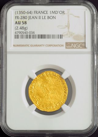 1380,  Royal France,  Charles VI.  Rare Gold Agnel (Lamb of God) Coin.  NGC AU - 58 3