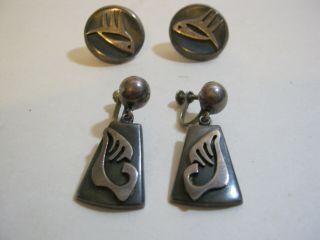 Vintage Ledesma Taxco Mexican Silver Earrings Fab Modernist Style Two Pair