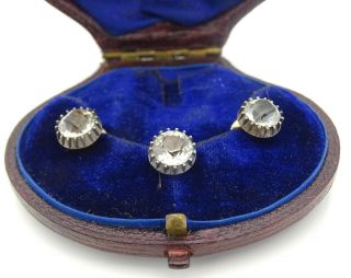 ANTIQUE 9CT GOLD & CUT DIAMANTE GENTS STUDS IN LEATHER CASE,  3 FURTHER VINTAGE 6