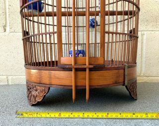 Large Chinese Vintage Bamboo Bird Cage With 5 Feeders And Jade/Stone 10