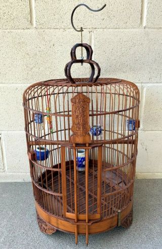 Large Chinese Vintage Bamboo Bird Cage With 5 Feeders And Jade/stone