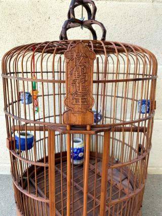 Large Chinese Vintage Bamboo Bird Cage With 5 Feeders And Jade/Stone 2