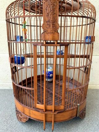 Large Chinese Vintage Bamboo Bird Cage With 5 Feeders And Jade/Stone 3