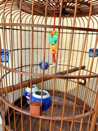 Large Chinese Vintage Bamboo Bird Cage With 5 Feeders And Jade/Stone 4