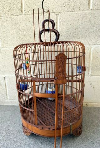 Large Chinese Vintage Bamboo Bird Cage With 5 Feeders And Jade/Stone 5