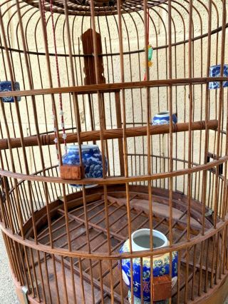 Large Chinese Vintage Bamboo Bird Cage With 5 Feeders And Jade/Stone 6