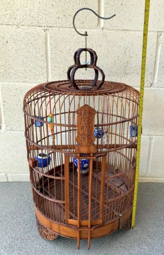 Large Chinese Vintage Bamboo Bird Cage With 5 Feeders And Jade/Stone 9