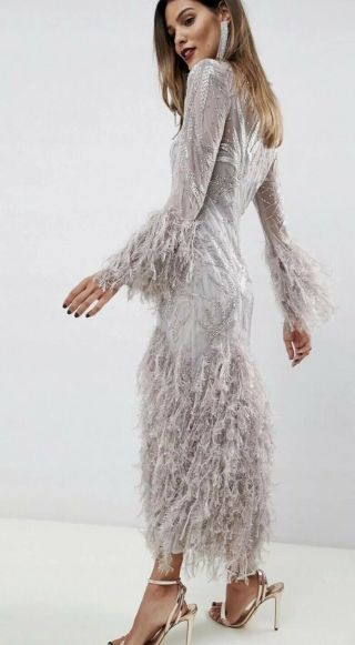 Asos Sequin Vintage Red Carpet Gatsby Feather Fringe Evening Dress Gown 8