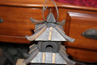 Hand Made Chinese Wood Pagoda Temple Birdhouse Sculpture 3 Tier All Wood Detail 2