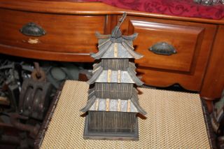 Hand Made Chinese Wood Pagoda Temple Birdhouse Sculpture 3 Tier All Wood Detail 5