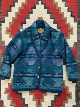 Women’s Vintage Woolrich Shawl Collar Southwest Pattern Blue/green Jacket L Usa