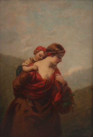 19thC Antique Signed Hill Genre Oil Painting Mother Child w/ Flowers Landscape 3
