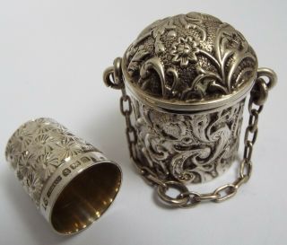 Rare English Antique 1900 Solid Sterling Silver Chatelaine Thimble Holder