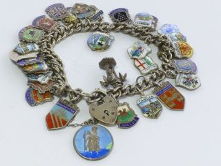 Vintage 925 Sterling Silver Charm Bracelet Travel Shields & Heart 59g 19cm B3