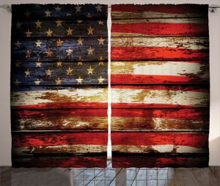 American Flag Curtains Vintage Wooden Window Drapes 2 Panel Set 108x84 Inches