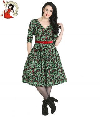 Hell Bunny Holly Berry Dress 50s Xmas Christmas Vintage Style Festive Black