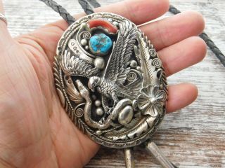 Vtg Pawn Navajo Sterling Silver Eagle Snake Red Coral Turquoise Bolo Tie Signed