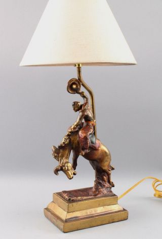 Antique Bronze Clad American Western Rodeo Bucking Bronco Cowboy Sculpture Lamp
