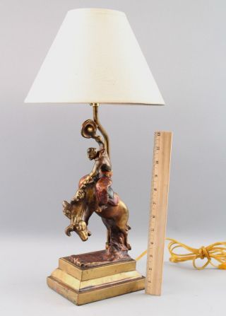 Antique Bronze Clad American Western Rodeo Bucking Bronco Cowboy Sculpture Lamp 2