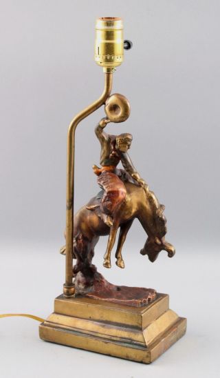 Antique Bronze Clad American Western Rodeo Bucking Bronco Cowboy Sculpture Lamp 9