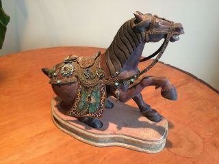 Antique Chinese Wooden Carved Horse With Silver And Stone Embellishments