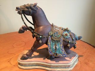 Antique Chinese wooden carved horse with silver and stone embellishments 2