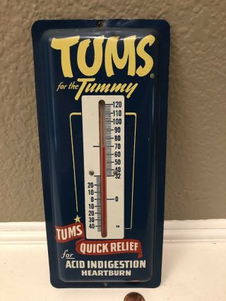 Vtg Tums 9 " Embossed Metal Thermometer Gas Station Sign Oil Soda Pop
