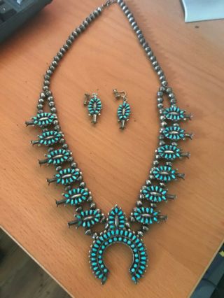 Vintage Navajo Necklace and Earrings Set - Sterling Silver and Turquoise 10