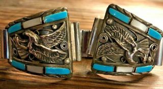 Vintage Sterling Silver And Turquoise Watch Band With Eagle Design