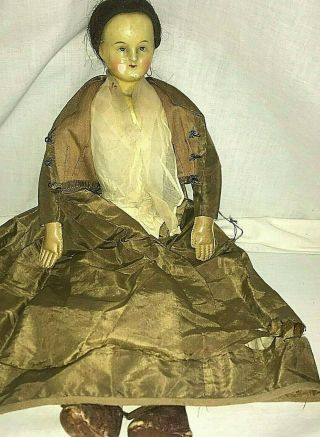 Antique 1850 ' s Wax Over Paper Mache Lady 17  Doll RARE Painted Face as found 4