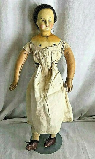 Antique 1850 ' s Wax Over Paper Mache Lady 17  Doll RARE Painted Face as found 7