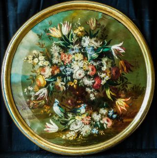 Large Antique 19th Century Italian Oil Painting " Flowers And Birds " Signed,  Oval
