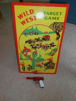 1950s - 60s Wyandotte Toys Tin Litho Wild West Dart Board Game & Toy Gun Advertise
