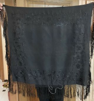 Antique Chinese Hand Embroidered Silk Piano Shawl 23 " X 24 " Fringe 5 " For Child