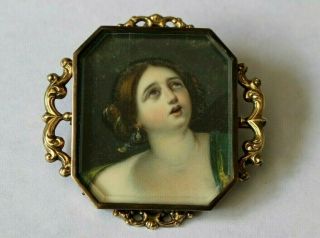 Large Antique Georgian Memorial Hand Painted Brooch / Pin.  Leather Case