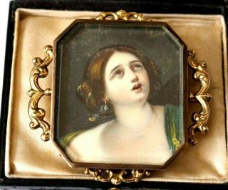 LARGE ANTIQUE GEORGIAN MEMORIAL HAND PAINTED BROOCH / PIN.  LEATHER CASE 3