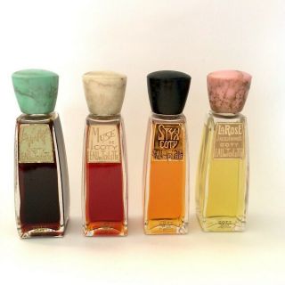 Vintage Set Of 4 Coty Perfume Bottles With Bakelite Tops; Foil Labels By Lalique