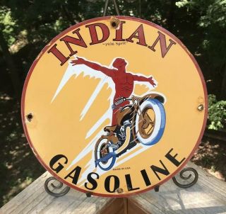 Vintage 1936 Dated Spirit Indian Motorcycle Gasoline Porcelain Enamel Sign