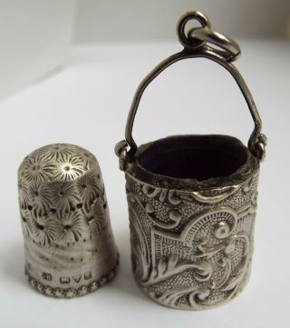 Decorative English Antique 1890 Sterling Silver Chatelaine Bucket Thimble Holder