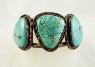Vintage Native American 3 - Stone Turquoise Bracelet Sterling Silver Navajo Cuff