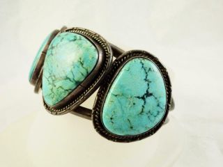 Vintage Native American 3 - Stone Turquoise Bracelet Sterling Silver Navajo Cuff 3