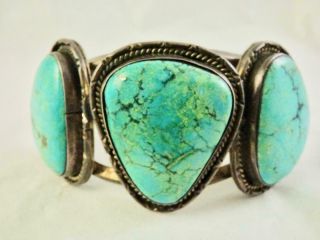 Vintage Native American 3 - Stone Turquoise Bracelet Sterling Silver Navajo Cuff 4