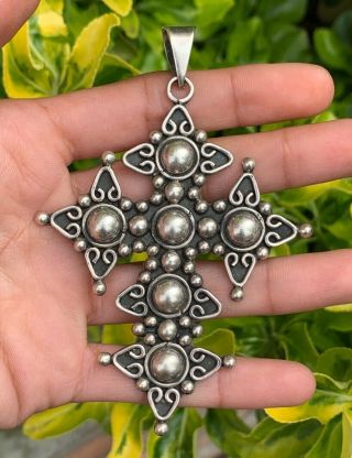 Large Vintage Mexico Taxco Sterling Silver Navajo Concho Ball Bead Cross Pendant
