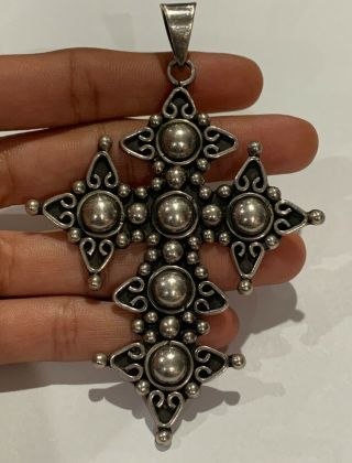 LARGE Vintage Mexico Taxco Sterling Silver Navajo Concho Ball Bead Cross Pendant 2
